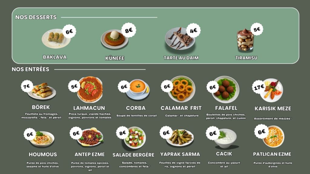menu desserts et entrées